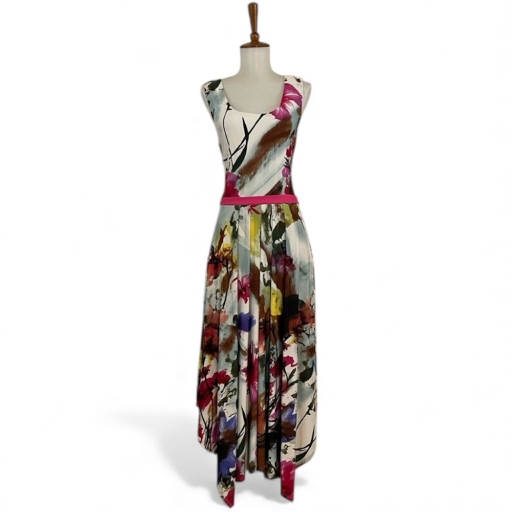 Vintage 90s Floral Watercolor Dress Women’s‎ 8 Sleeveless Scoop Neck Midi